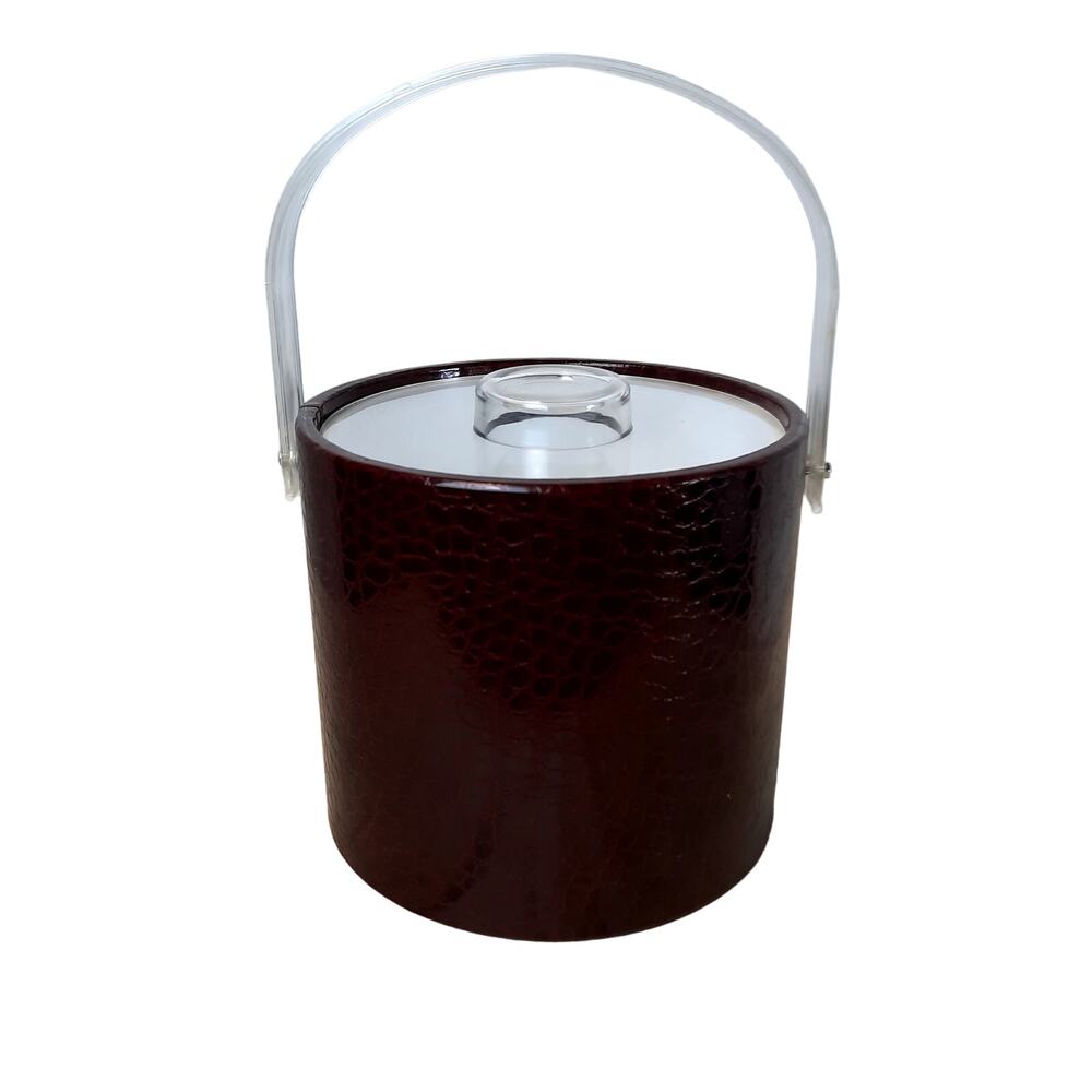 MID CENTURY MODERN VINTAGE BROWN VINYL ICE BUCKET WITH‎ LID & HANDLE MADE IN USA